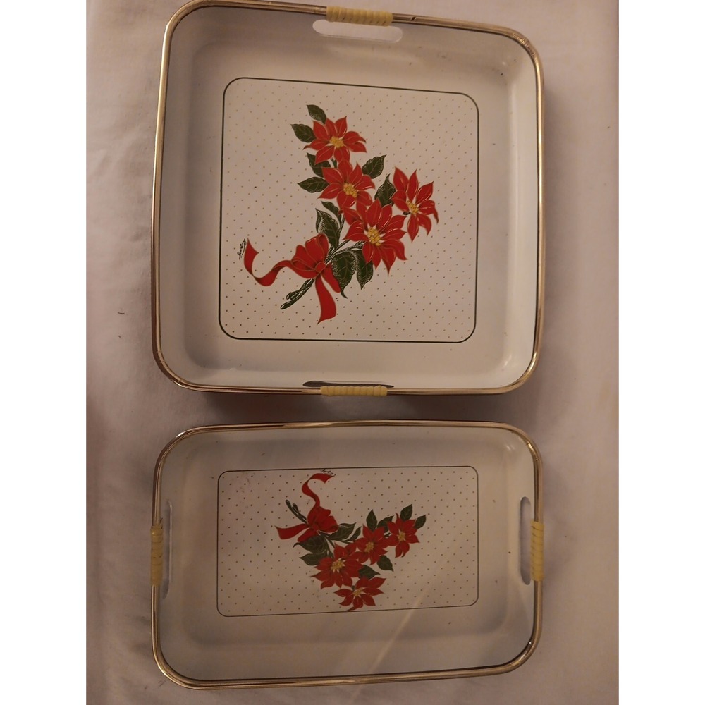 2 Vintage Christmas Poinsettia Tray Princess Hard Plastic